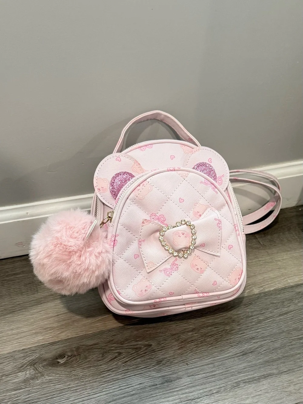 Othr Pink Quilted Teddy Mini Backpack with Pom Pom